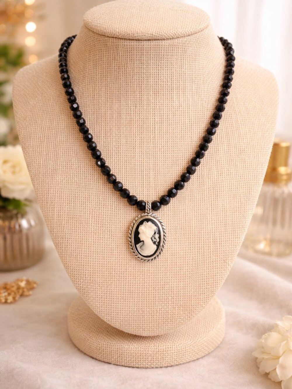 Black Cameo Necklace | Vintage Inspired Pendant Necklace | Black Beaded Necklace